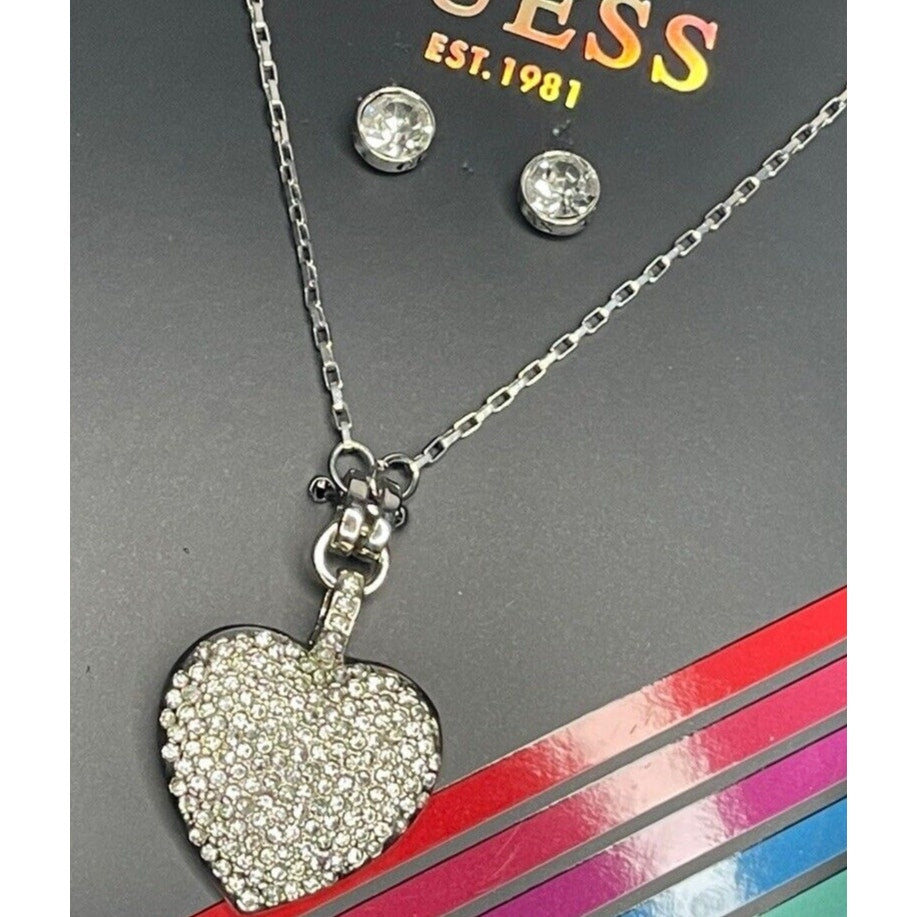 Guess Silver Tone Heart Charm Necklace Earrings (3pc Set) Chic Trendy Style Vday