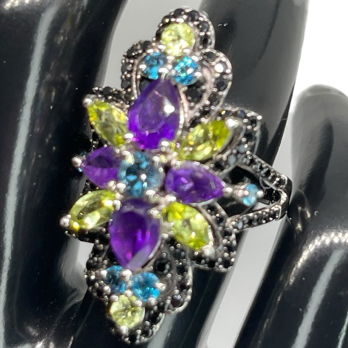 LUXY Gems Natural Topaz Amethyst Peridot Spinel Sterling Silver Ring Luxury Sz 7