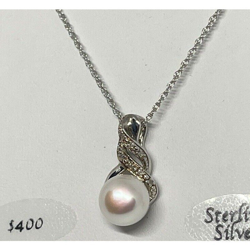 Natural Diamond Pearl (9mm) Necklace Sterling Silver Luxury Fashion Chic Elegant