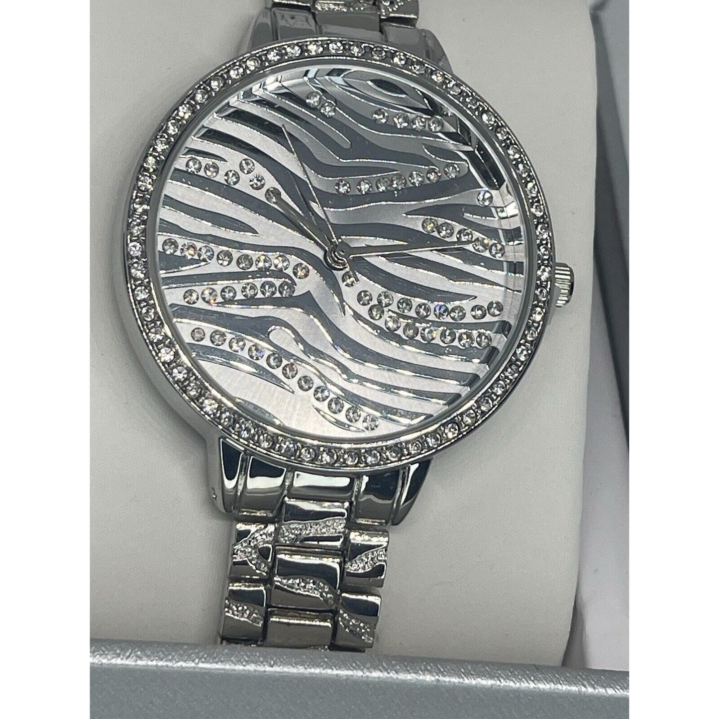 Silver Tone Crystal Bracelet Watch Zebra Print Stunning Chic Trendy Fashion Vday