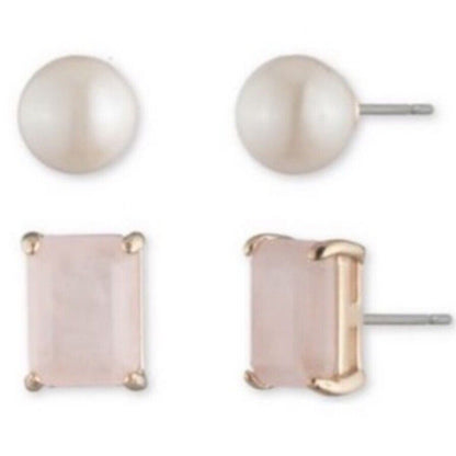 Ralph Lauren Rose Quartz Faux Pearl Earrings 3pc Set Gold Plate Elegant Chic Key