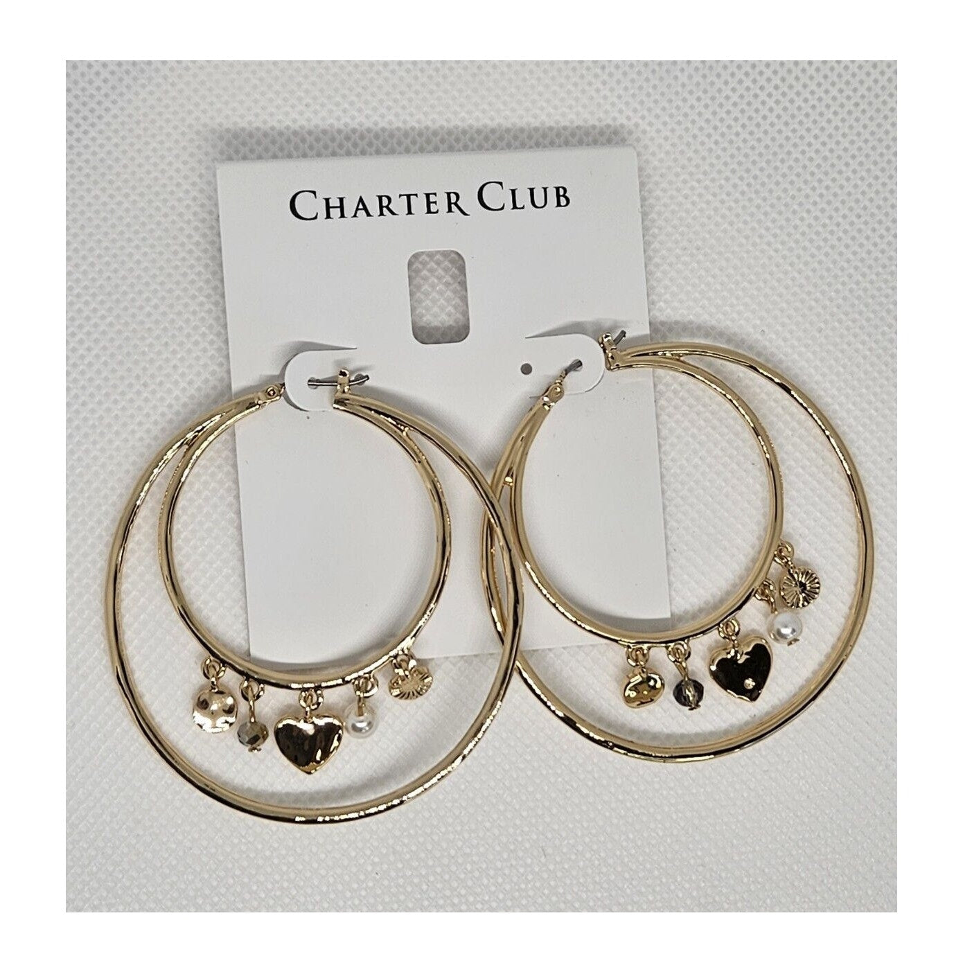 Gold Tone Double Hoop Faux Pearl Earrings Heart Charm Chic Trendy Fashion Style