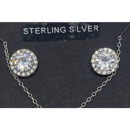 Sterling Silver CZ Necklace Earrings (2pc Set) Chic Glitz Trendy Stylish Vday