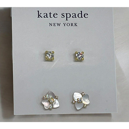 Kate Spade Mother Of Pearl CZ Pansy Earrings (2pc Set) Gold Tone Chic Trendy NWT