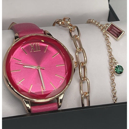 Gold Tone Faux Leather Pink Watch Bracelet (3pc Set) Stunning Style Trendy Vday