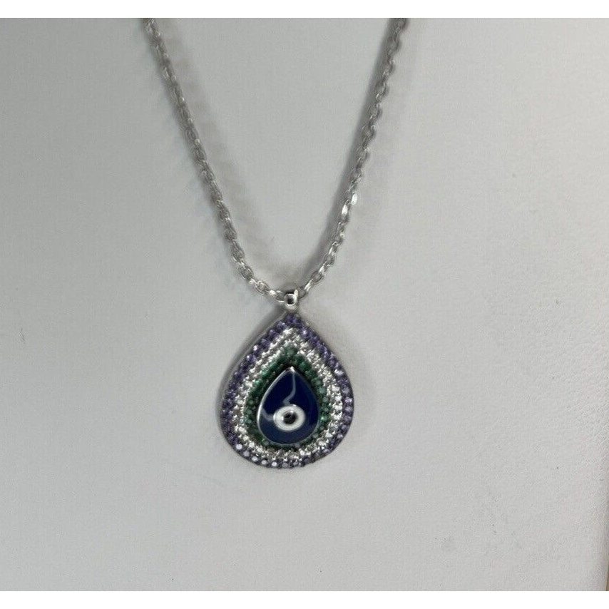 Silver Plated CZ Evil Eye Necklace Intricate Teardrop Style Trendy Stunning Chic