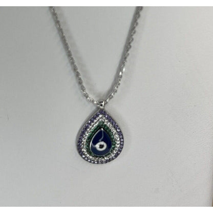 Silver Plated CZ Evil Eye Necklace Intricate Teardrop Style Trendy Stunning Chic