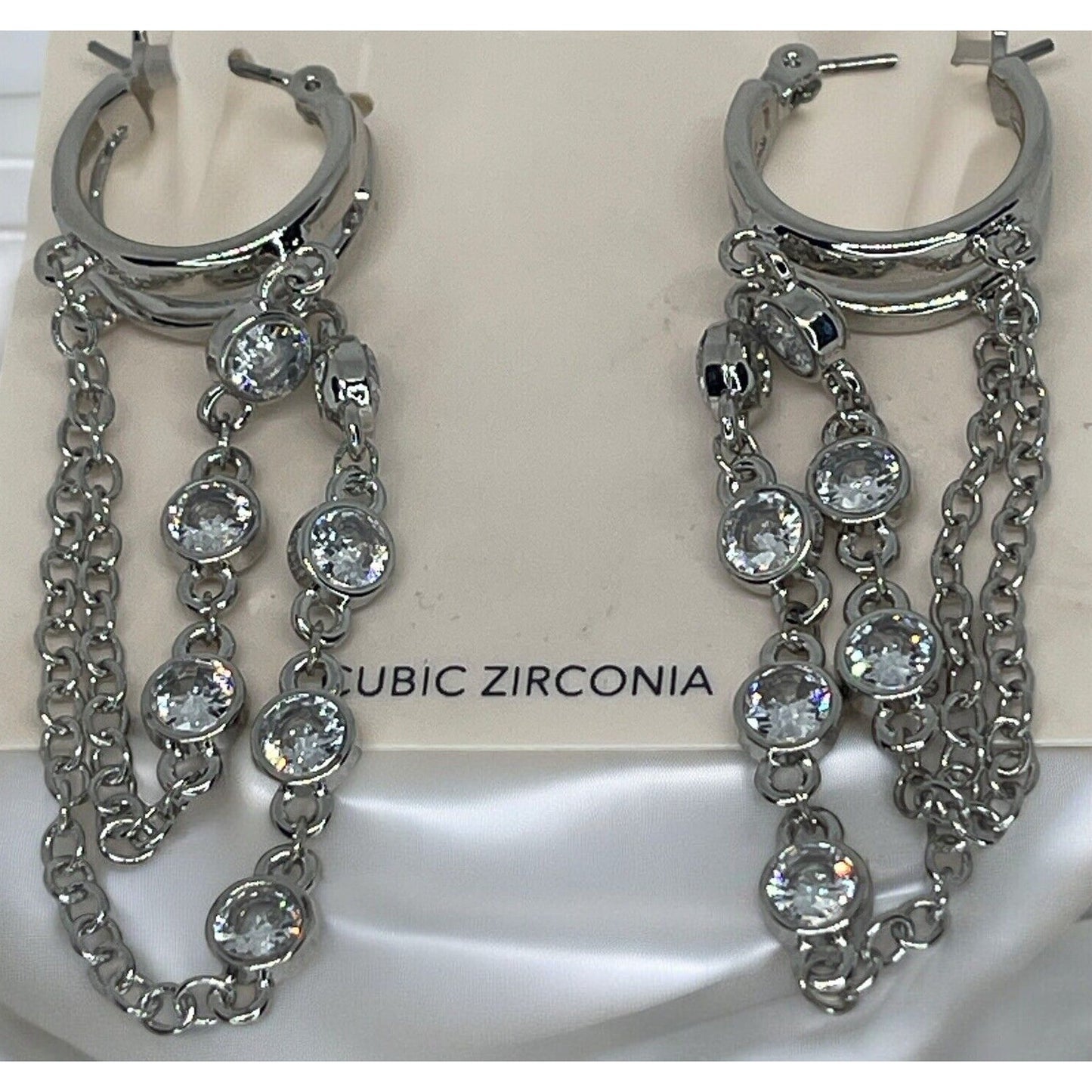 Silver Tone CZ Chain Drop Earrings Statement Chic Stunning Trendy Fashion Style