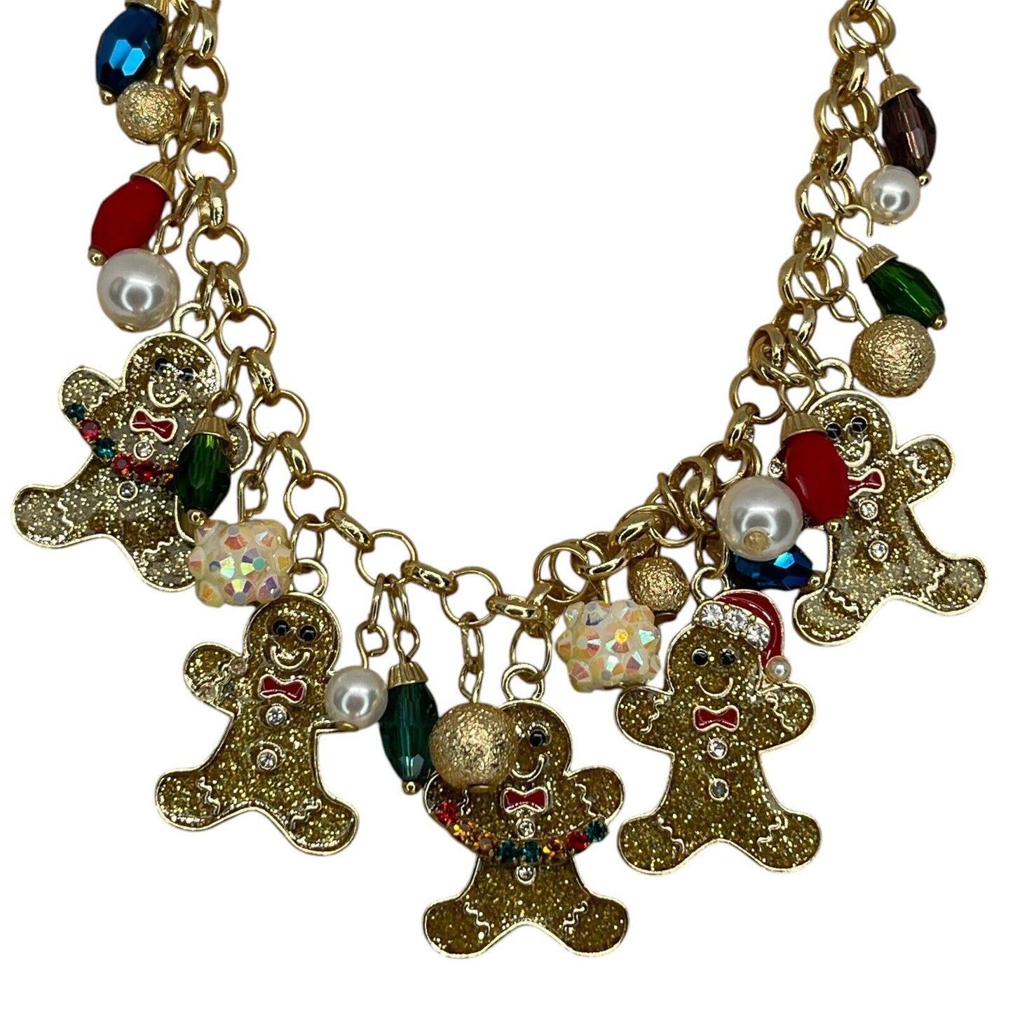 Gold Tone Faux Pearl Gingerbread Man Necklace Christmas Holiday Elegant Xmas NWT