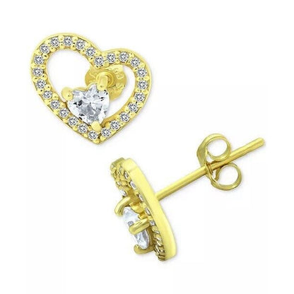 18K Gold Vermeil Double Heart Stud Earrings Stunning Chic Fashion Trendy Vday