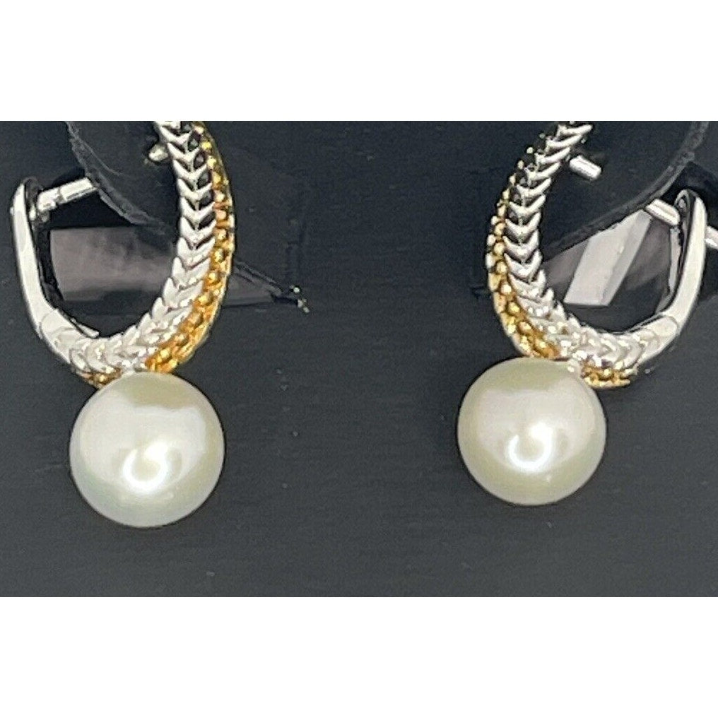 Two Tone Pearl (6mm) Earrings 14K Gold Vermeil Luxury Chic Fashion Stunning NWT