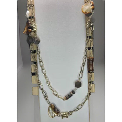 Gold Tone Crystal Boho Necklace 40" Stone Statement Style Fashion Intricate NWT