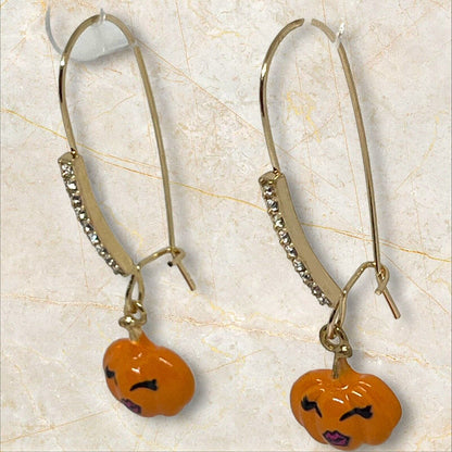 Betsey Johnson Halloween Pumpkin Earrings Gold Tone Crystal Holiday Chic Stylish