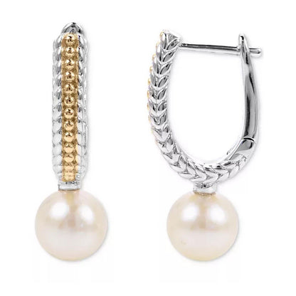 Two Tone Pearl (6mm) Earrings 14K Gold Vermeil Luxury Chic Fashion Stunning NWT