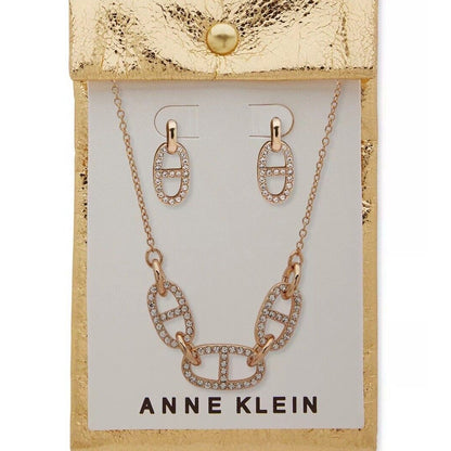 Anne Klein Gold Tone Crystal Necklace Earrings (2pc Set) Chain Link Trendy Chic