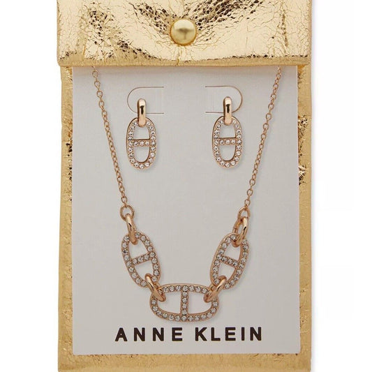 Anne Klein Gold Tone Crystal Necklace Earrings (2pc Set) Chain Link Trendy Chic