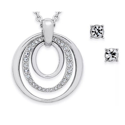 Silver Tone Crystal Circle Pendant Necklace Earrings (2pc Set) Chic Trendy Style