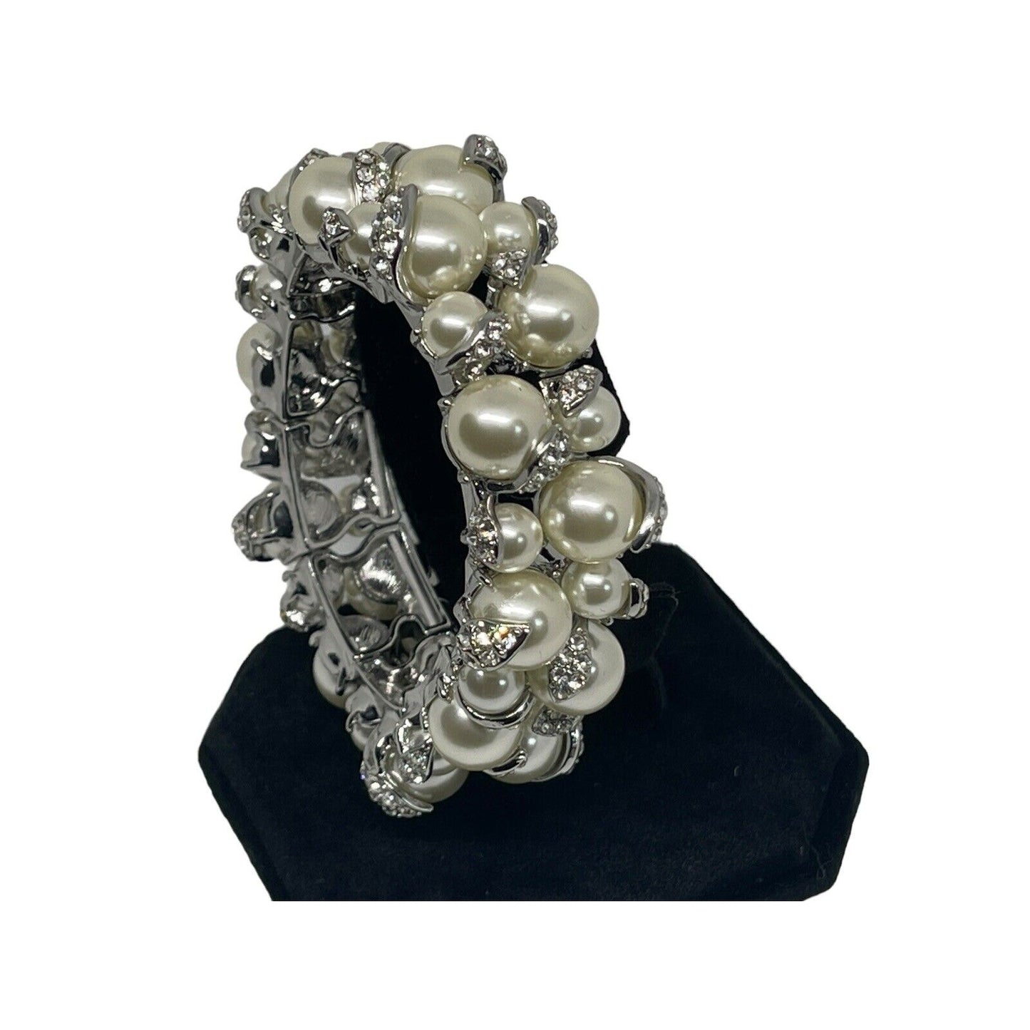 Silver Tone Faux Pearl Crystal Bracelet Stunning Trendy Elegant Intricate Chic