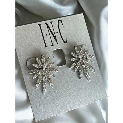 Silver Tone Starburst Crystal Earrings Intricate Elegant Stunning Chic Style NWT