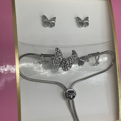 Guess Silver Tone Butterfly Bracelet Earrings (2pc Set) Fashion Chic Trendy Vday