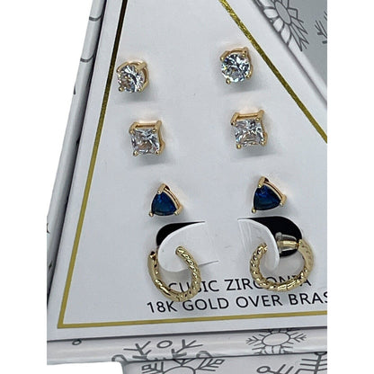 18K Gold Plate CZ Earrings 4pc Set Xmas Tree Ornament Box Stud Chic Trendy NWT