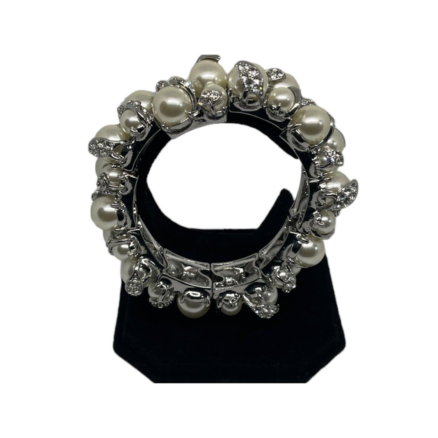 Silver Tone Faux Pearl Crystal Bracelet Stunning Trendy Elegant Intricate Chic