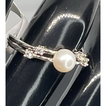 Pearl (5mm) Sterling Silver Ring Lab Sapphire (Sz 7) Stunning Luxury Chic Trendy