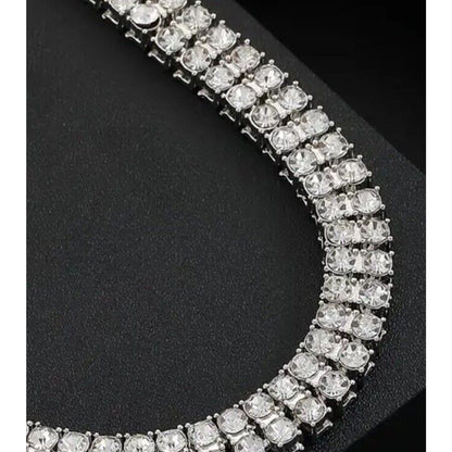 Silver Tone CZ Double Row Tennis Necklace Iced Out Bling Flashy Shiny Style NEW