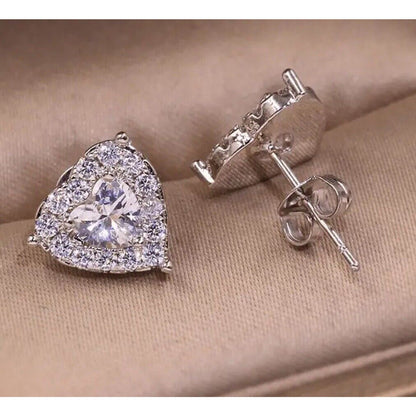 Silver Tone Crystal Heart Halo Stud Earrings Stunning Chic Trendy Fashion Vday