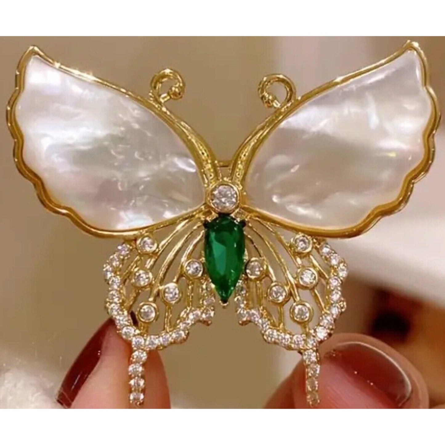 Gold Tone Faux Mother Of Pearl Butterfly Brooch Pin Crystal Chic Style Stunning