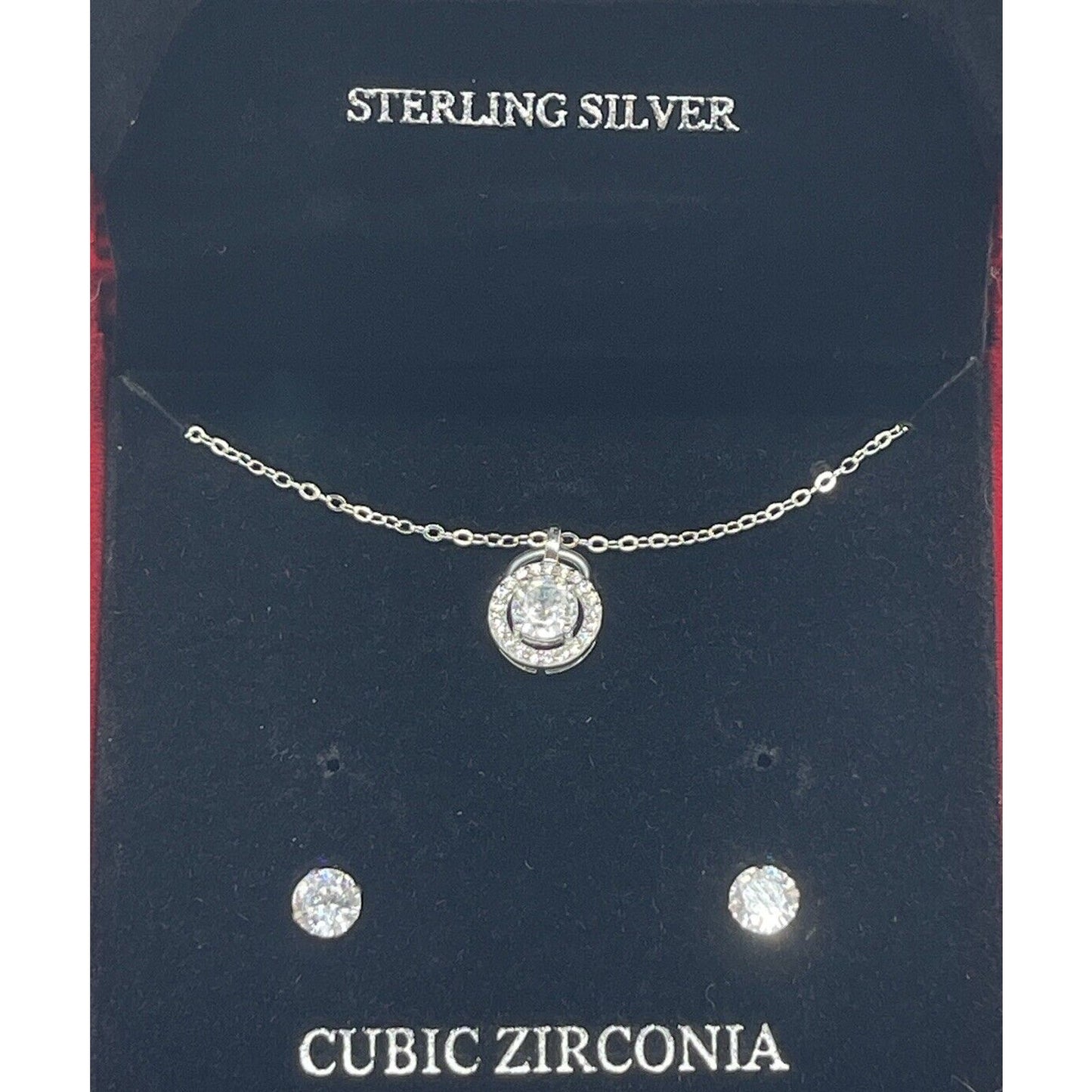 Sterling Silver CZ Halo Necklace Earrings (2pc Set) Stunning Chic Fashion Trendy