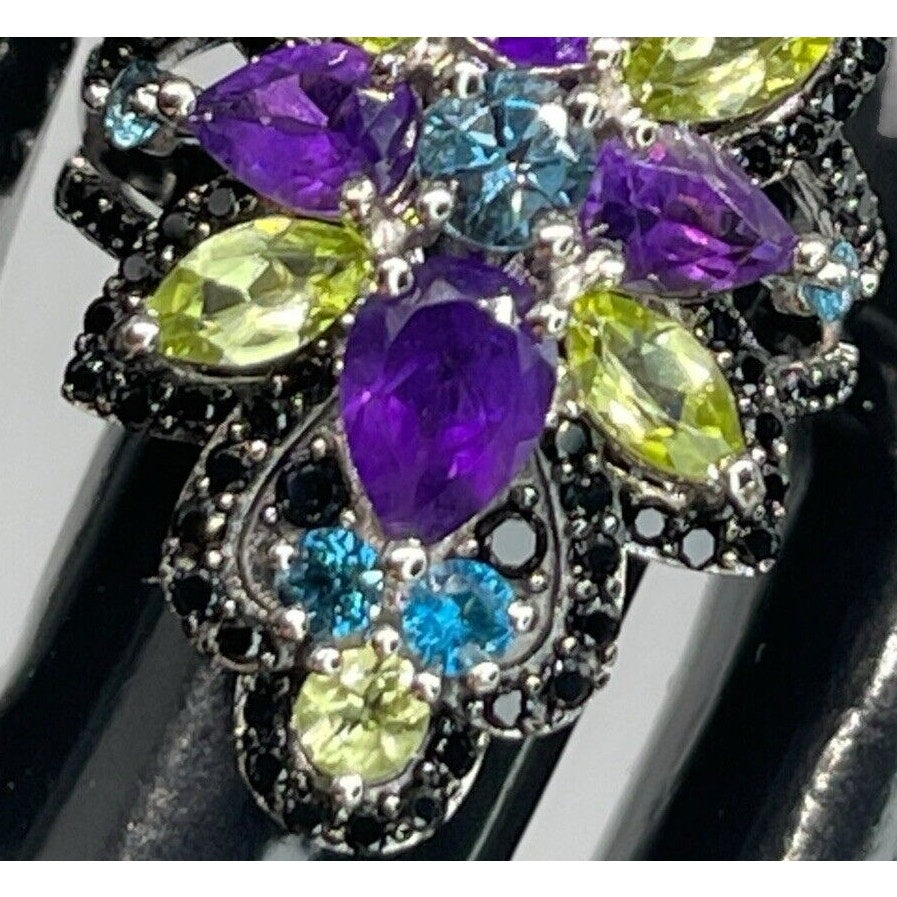 LUXY Gems Natural Topaz Amethyst Peridot Spinel Sterling Silver Ring Luxury Sz 7