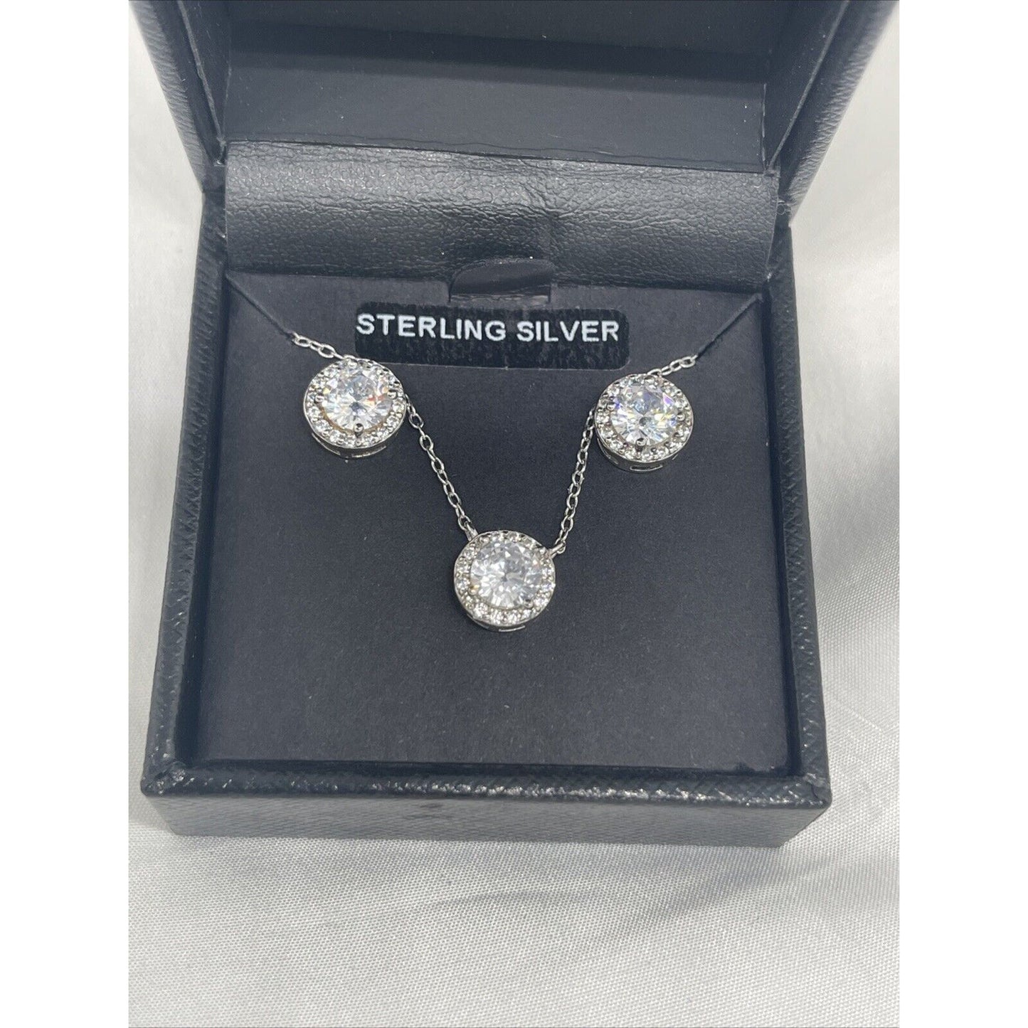 Sterling Silver CZ Halo Necklace Earrings (2pc Set) Stunning Chic Trendy Fashion