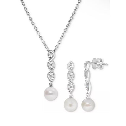 Sterling Silver Pearl (7mm) Necklace Earrings (2pc Set) CZ Trendy Luxury Vday