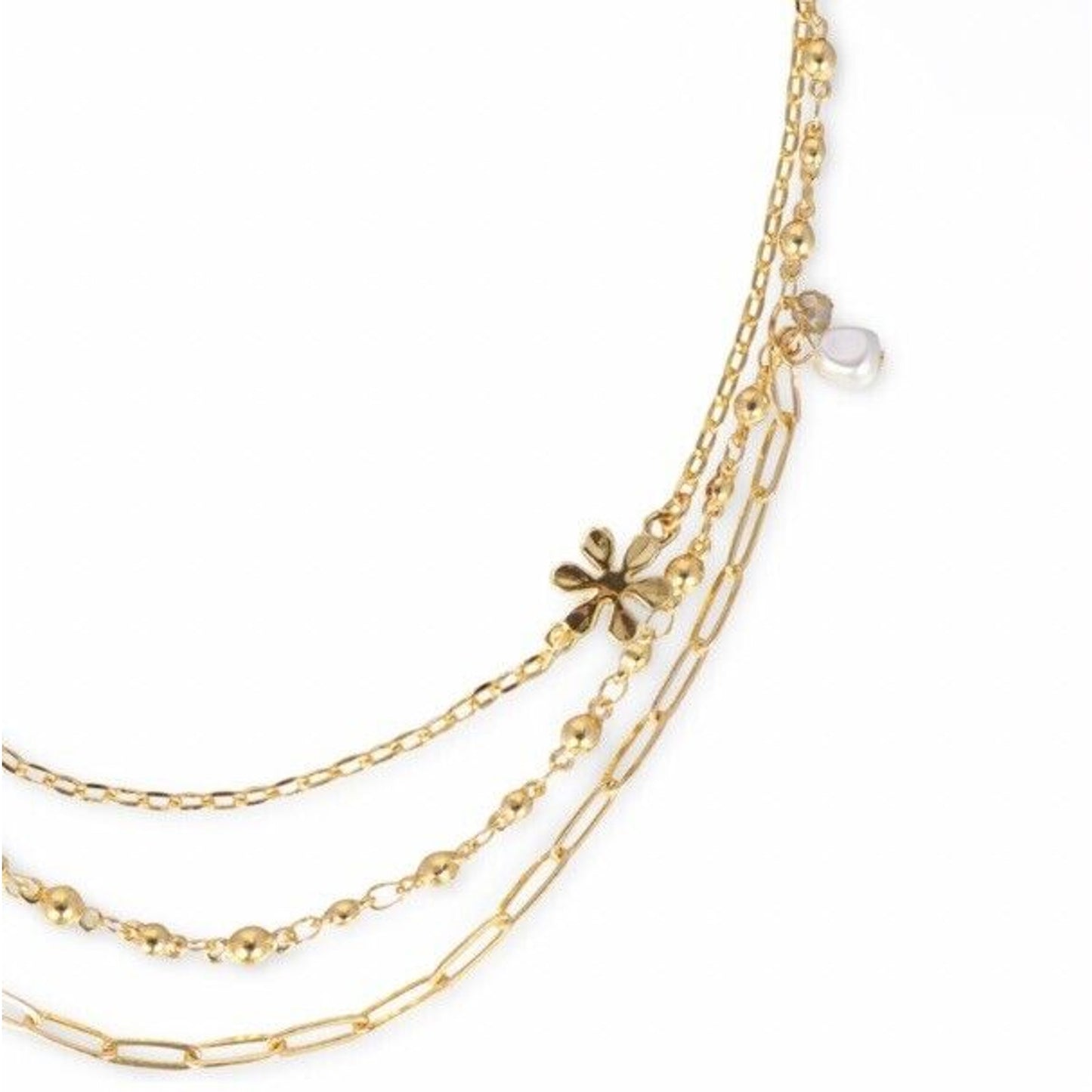 Gold Tone Faux Pearl Crystal Layered Necklace Floral Chic Trendy Stunning Style