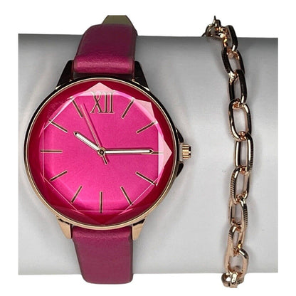 Gold Tone Pink Watch (2pc Set) Chic Faux Leather Band Chain Bracelet Trendy NWT