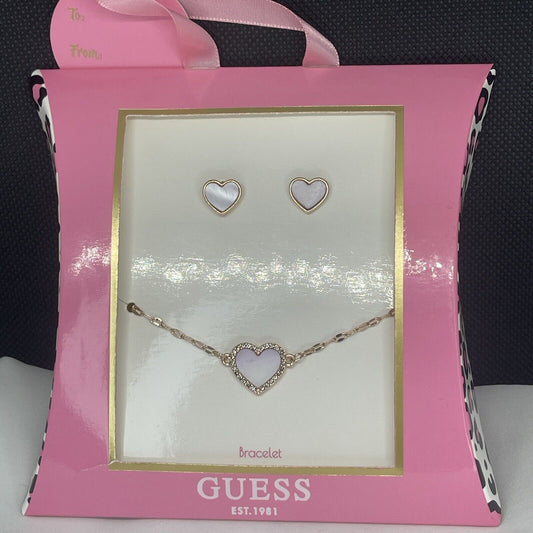 Guess Gold Tone Heart Bracelet Earrings (2pc Set) Trendy Fashion Style Chic Vday