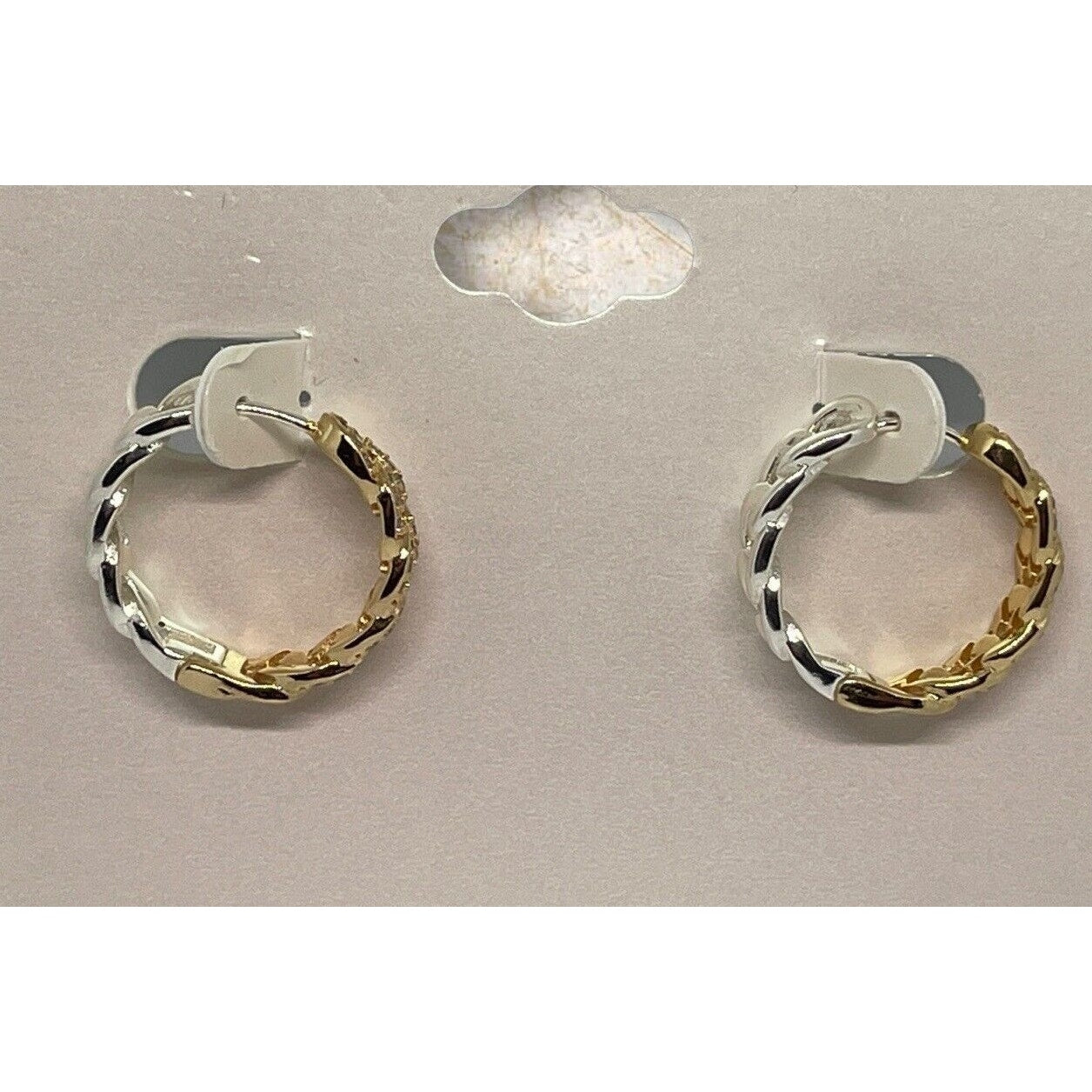 18K Gold Plate Chain Hoop Earrings CZ Two Tone Chic Trendy Fashion Cocktail NWT