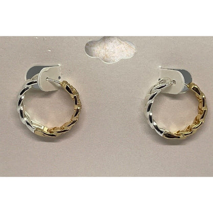 18K Gold Plate Chain Hoop Earrings CZ Two Tone Chic Trendy Fashion Cocktail NWT