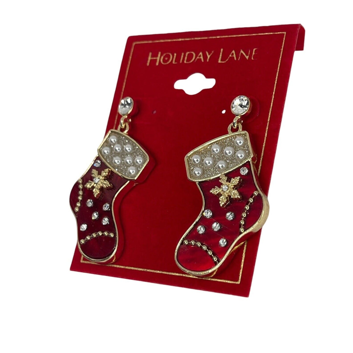 Gold Tone Crystal Xmas Stocking Earrings Faux Pearl Elegant Holidays Christmas