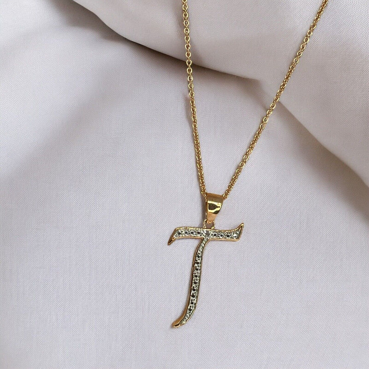 Diamond Accent ‘T’ Initial Pendant Necklace 14K Gold Plated Chic Trendy Fashion