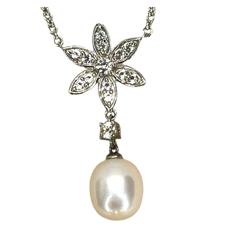 Pearl (8mm) Natural Topaz Flower Pendant Necklace Sterling Silver Luxury Trendy