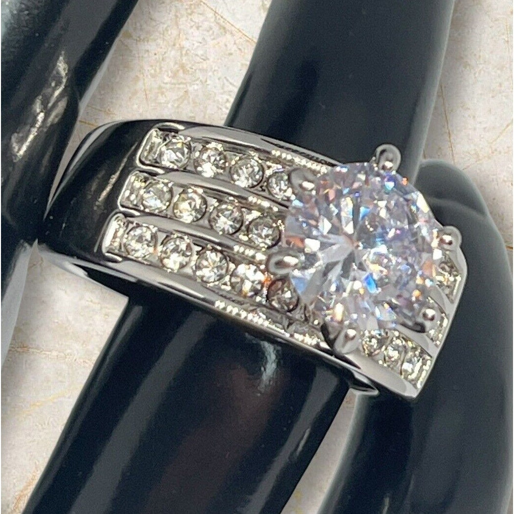 Silver Plated CZ Triple Row Ring (Sz 9) Statement Chic Shiny Trendy Stunning NWT