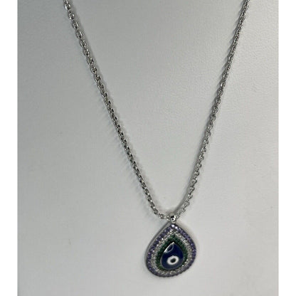 Silver Plated CZ Evil Eye Necklace Intricate Teardrop Style Trendy Stunning Chic