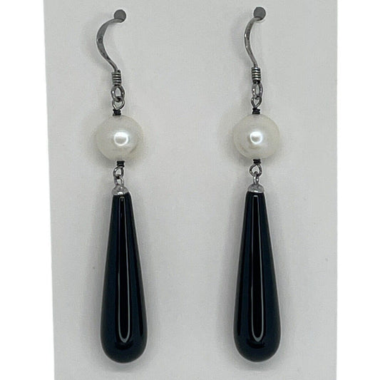 Natural Onyx (21 cts.) Pearl Sterling Silver Drop Earrings Luxury Trendy Stylish