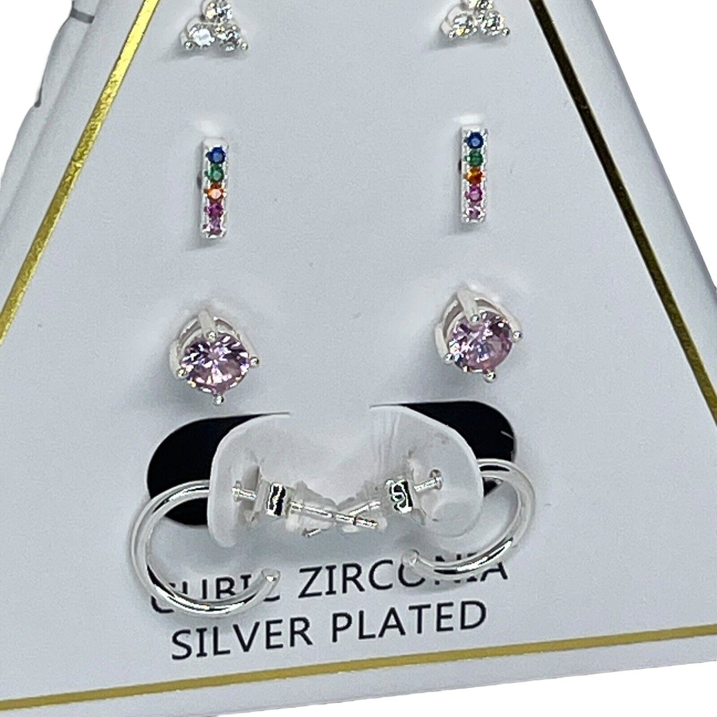 Silver Plated CZ Earrings 4pc Set Elegant Xmas Ornament Gift Box Trendy Chic NWT