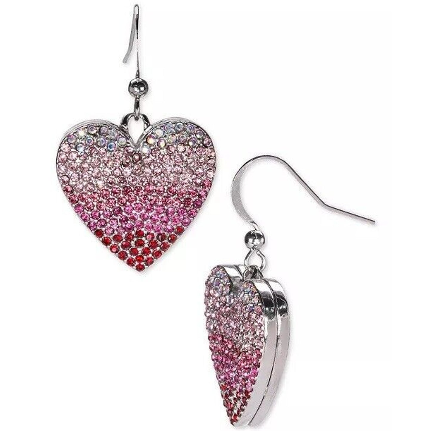 Silver Tone Crystal Heart Earrings Shiny Stylish Fashion Glitzy Trendy Chic Vday