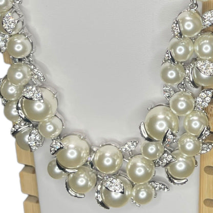 Silver Tone Faux Pearl Crystal Necklace Statement Stunning Elegant Chic Fashion