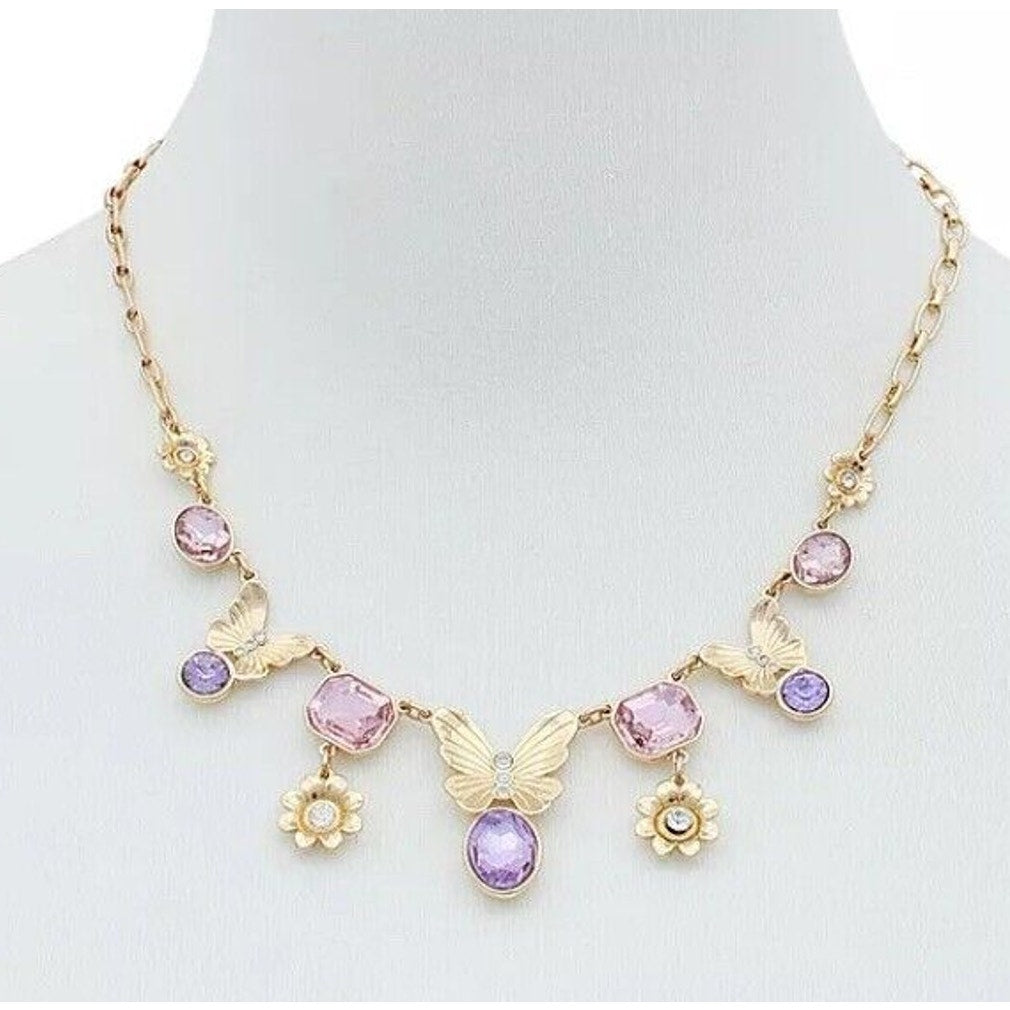 Guess Gold Tone Crystal Tanzanite Butterfly Necklace Chic Trendy Fashion Stylish