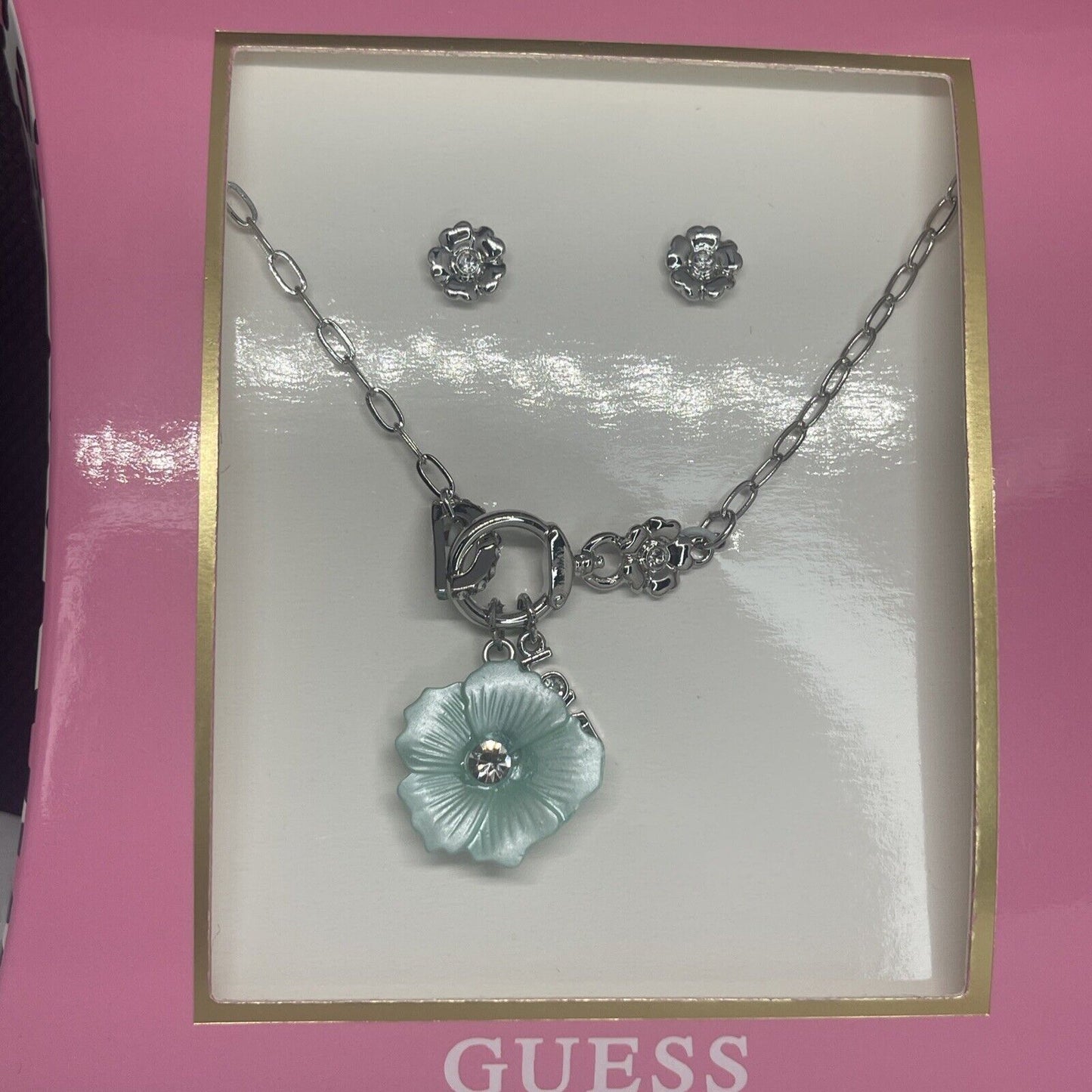 Guess Silver Tone Crystal Floral Necklace Earrings (2pc Set) Trendy Fashion Vday